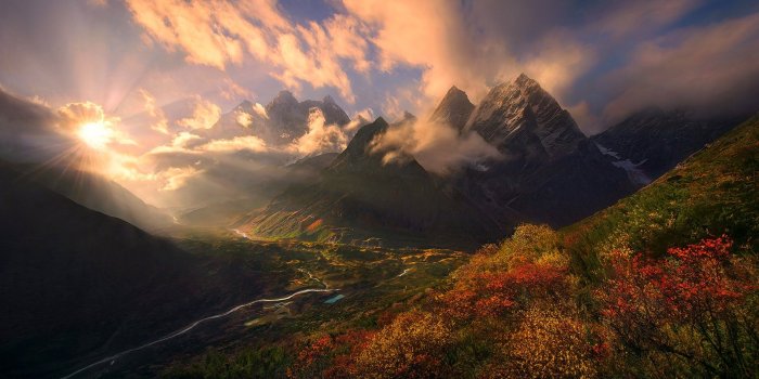 1920x1080 2809963 / 1920x1080 nature landscape fall shrubs mountain himalayas tibet  sunset clouds sun rays valley snowy peak wallpaper JPG 529 kB