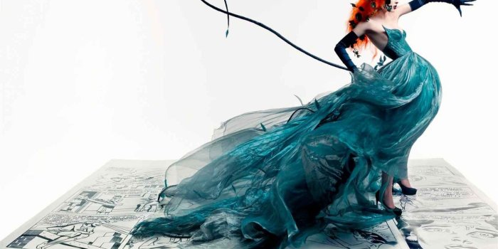 1920x1200 redheads, gloves, artistic, women, pages, illustrations, Coco Rocha, fashion,  blue dress :: Wallpapers