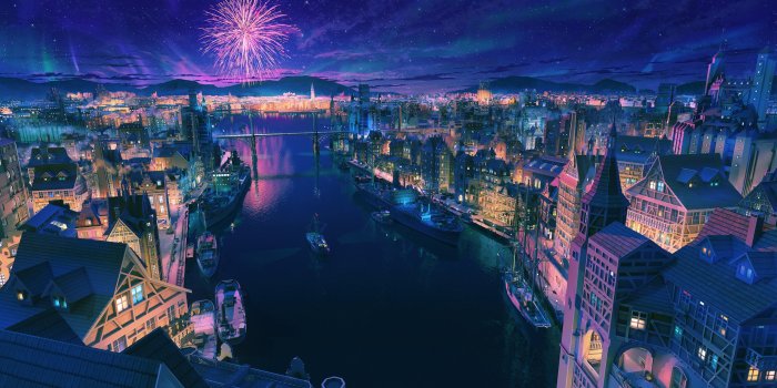 2560x1440 Anime City Night Fireworks Scenery 4K Wallpaper #182