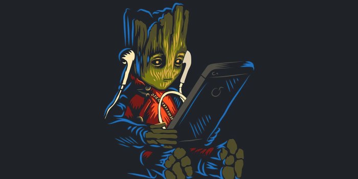 1920x1080 Desktop wallpaper baby groot, listening music on phone, fan art, hd image,  picture, background, e542ee