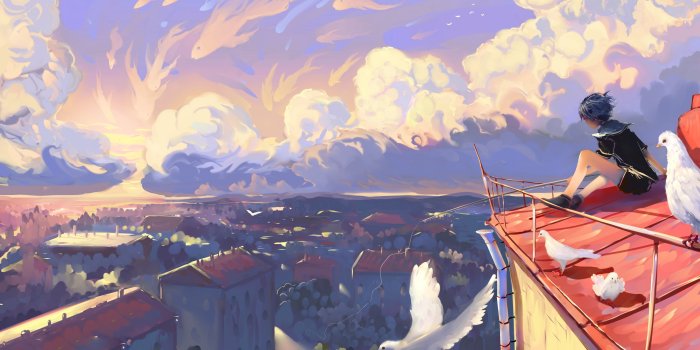 4500x2531 Wallpaper Sky, Cityscape, Buildings, Clouds, Painting, Birds, Anime Girl, Anime  Scenery - Resolution:4500x2531 - Wallpx