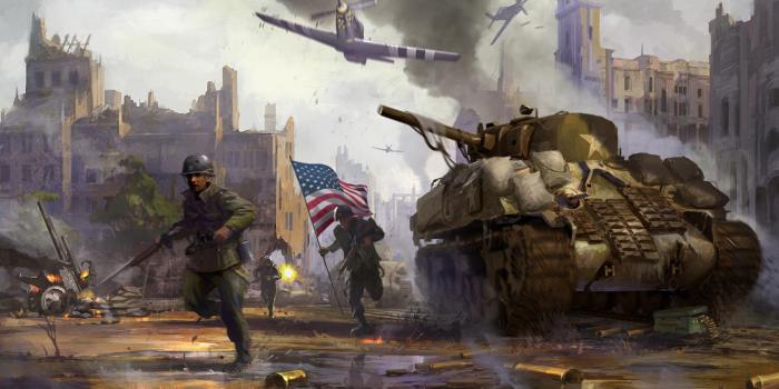 1332x850 Wallpaper the city, weapons, war, smoke, destruction, battle, flag,  soldiers, tank, WW2, Sherman images for desktop, section оружие - download