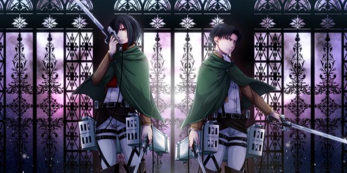 1332x850 Wallpaper girl, weapons, guy, two, Attack on Titan, Shingeki no Kyojin,  Mikasa Ackerman, Rivaille, Levi images for desktop, section сёнэн - download