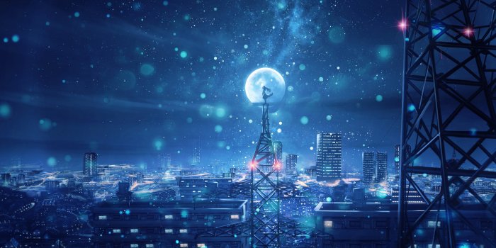 5120x2160 Night Sky City Stars Anime Scenery 4K Wallpaper #135