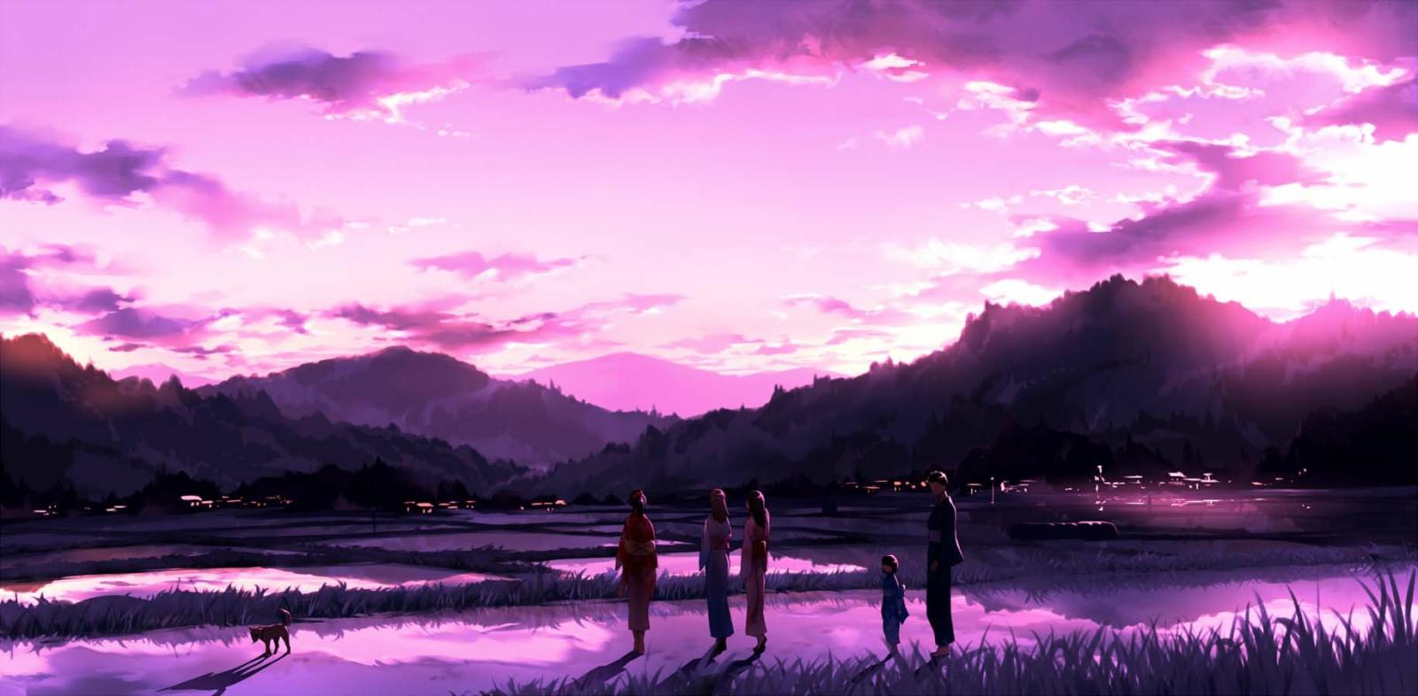 1832x900 original, Anime, Landscape, Sunset, Sky, Cloud, Beautiful, Pink, Group,  Family, Girls, Kimono Wallpapers HD / Desktop and Mobile Backgrounds