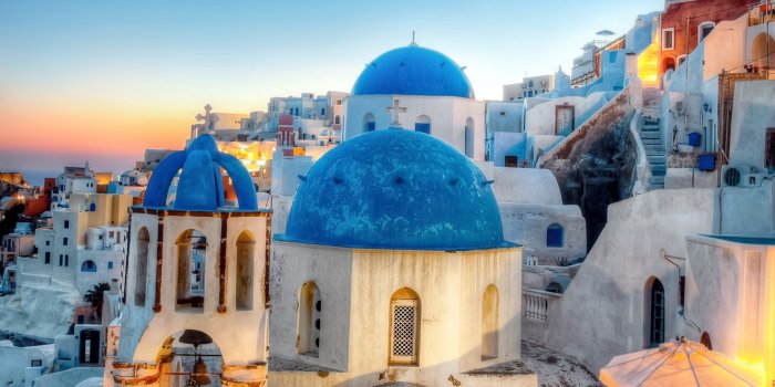 1332x850 Wallpaper the city, building, home, the evening, Santorini, Greece,  lighting, Church, dome, Santorini, Oia, Greece images for desktop, section  город - download