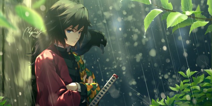 1332x850 Wallpaper rain, bird, guy, The Blade Cleaves Demons, Giyuu Tomioka images  for desktop, section игры - download