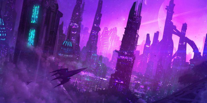 2000x1109 Anime City Purple Wallpapers