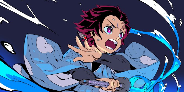 5120x2880 Demon Slayer Tanjirou Kamado With Purple Eyes Having Weapon With Black  Background 4K 5K HD Anime Wallpapers | HD Wallpapers | ID #40112