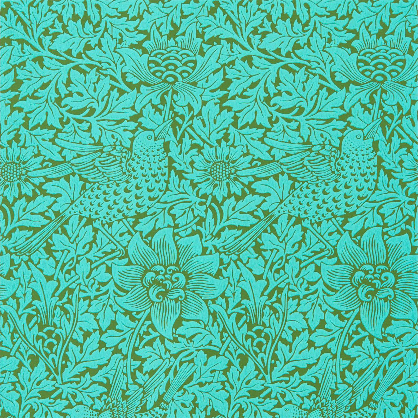 1366x1366 Bird & Anemone Olive/Turquoise Wallpaper | Morris & Co by Sanderson Design