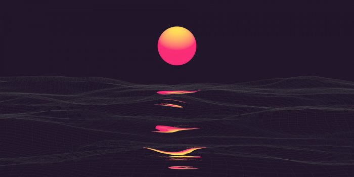 1600x900 Download Retrowave, sunrise, reflections, sea, clear sky, dark wallpaper,  1600x900, Widescreen 16:9, Widescreen
