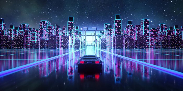 2560x1080 Download cyberpunk, outrun, vaporwave, car on road, art 2560x1080 wallpaper,  dual wide 2560x1080 hd image, background, 24495