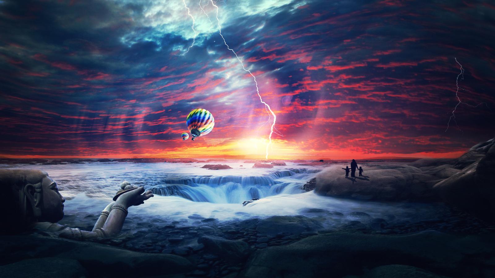 1920x1080 Wallpaper 4k Heaven Sunset Sea Airballons Wallpaper