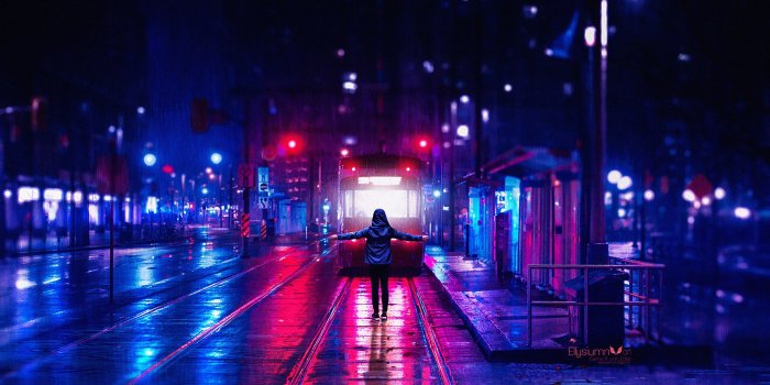 3840x2160 neon city wallpapers, tram, night, urban, raining, hoodie [3840x2160] : r/ wallpaper