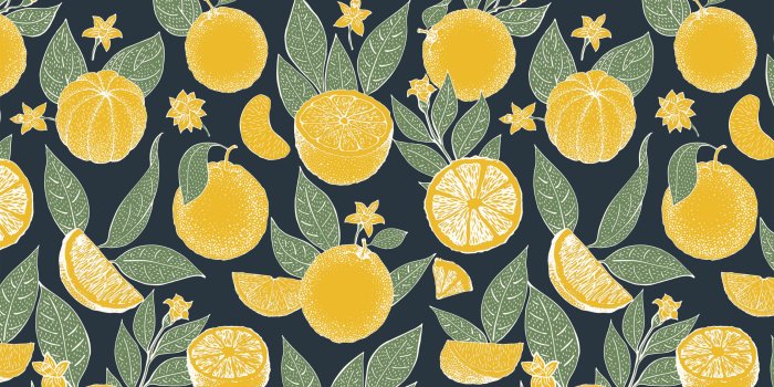 2592x1602 Yellow lemon and orange sketch Pattern Wallpaper for Walls | Citrus Grove