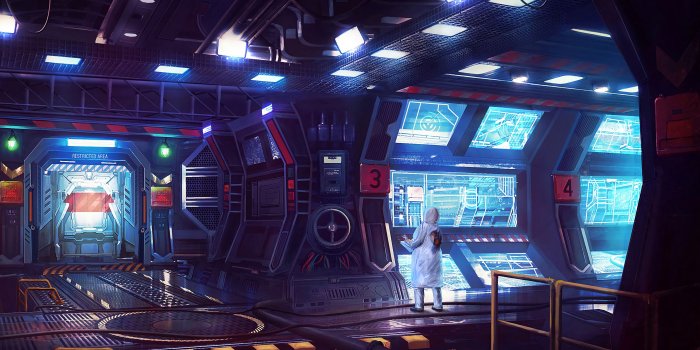 3840x2400 Download wallpaper 3840x2400 laboratory, sci-fi, art, man, monitors, light  4k ultra hd 16:10 hd background