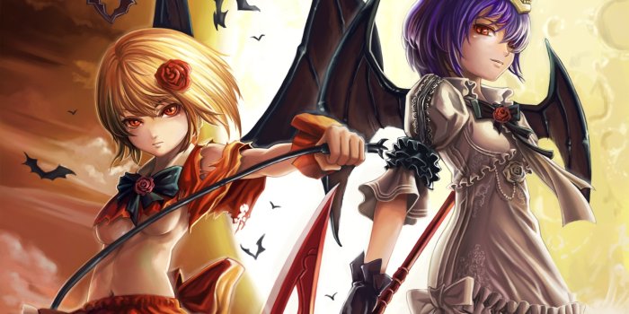 2374x1483 blondes video games clouds touhou wings gloves dress flowers ecchi skirts  weapons vampires purple ha High Quality Wallpapers,High Definition  Wallpapers