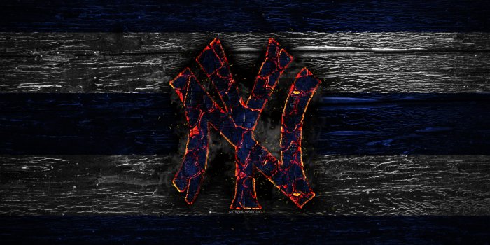 2880x1800 Download wallpapers New York Yankees, fire logo, MLB, blue and white lines,  american baseball team, NY Yankees, grunge, baseball, New York Yankees  logo, wooden texture, USA for desktop with resolution 2880x1800. High