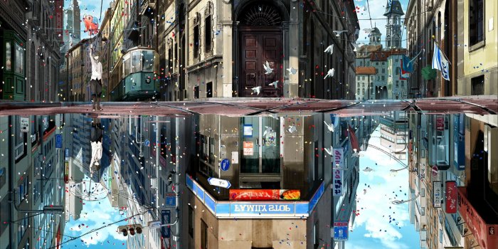 1928x1478 Wallpaper Japan, Anime, City, Street, Lake, Reflection • Wallpaper For You