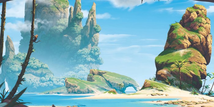 2560x1600 Download wallpaper 2560x1600 beach, sea, monkeys, mountains, art widescreen  16:10 hd background