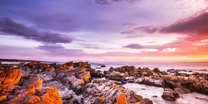 3440x1440 Bay of Fires Wallpaper 4K, Tasmania, Australia, Sunrise, Rocky coast,  Nature, #3825