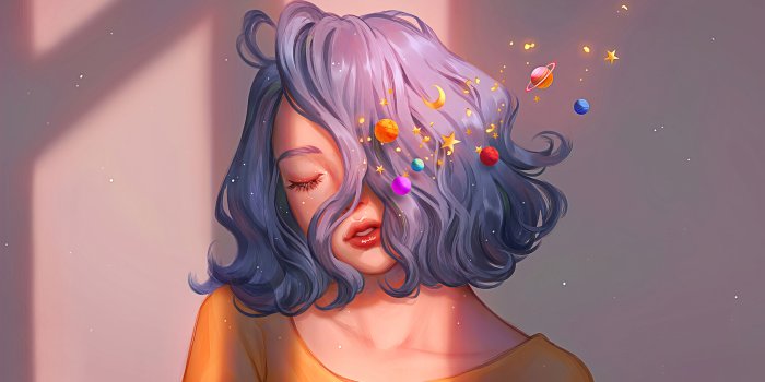 3840x2160 Girl with planets on blue hair Digital Art Wallpaper 4k Ultra HD ID:7919