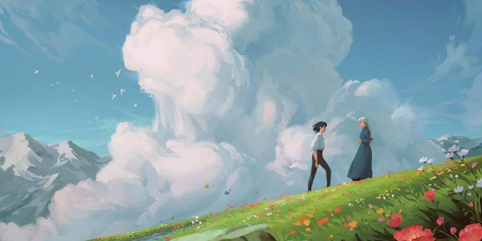 2560x1440 HD wallpaper: Howl's Moving Castle, Studio Ghibli, fantasy art, clouds,  daylight