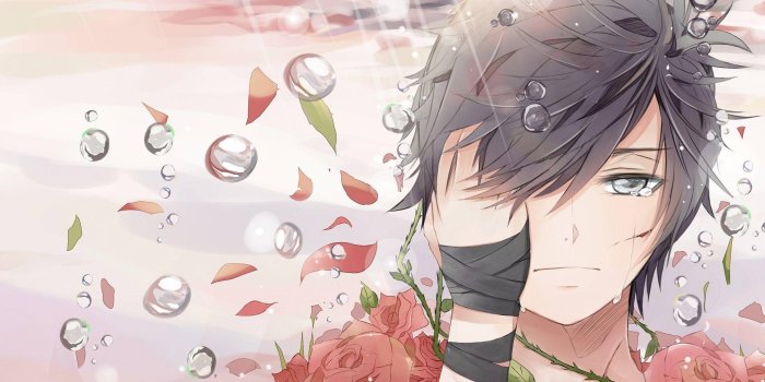 2549x1373 Download Sad Anime Boy With Red Flowers Wallpaper | Wallpapers.com