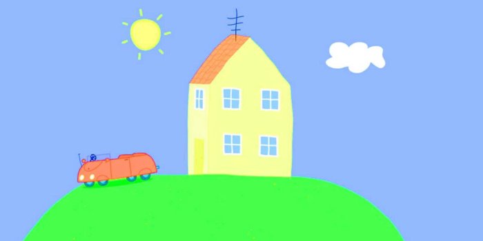 2148x1200 Download Peppa Pig House With Red Car Wallpaper | Wallpapers.com
