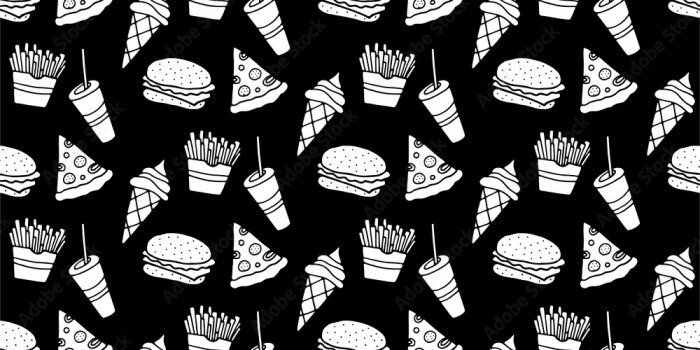 1000x1000 Cute cartoon fast food background with hand drawn fast food. Sweet vector  black and white fast food background. Seamless monochrome doodle fast food  background for textile, wallpapers and wrap. Stock Vector |