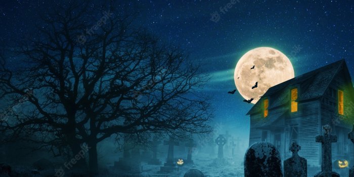 2000x765 Premium Photo | Halloween wallpaper. scary house near a cemetery with  trees, full moon, bats, fog and pumpkins. spooky halloween picture ideas