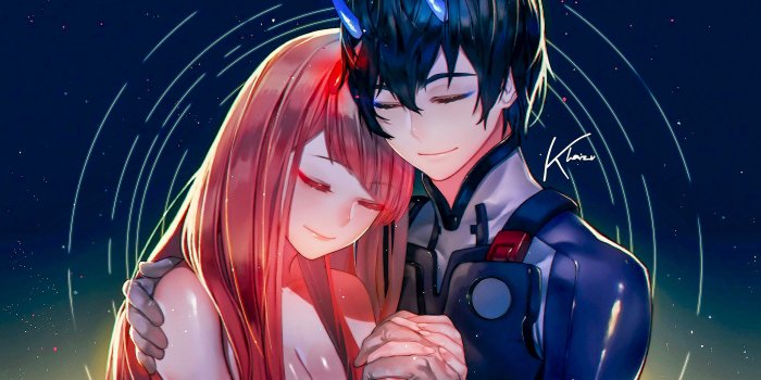 2560x1440 Download Hiro and Zero Two, hug, love, anime, artwork wallpaper, 2560x1440,  Dual Wide, Widescreen 16:9, Widescreen