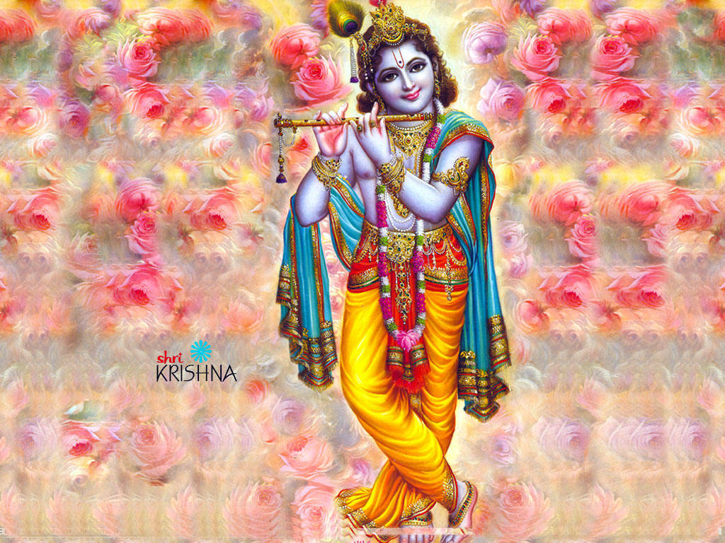 1024x768 Download Krishna Bhagwan With Flower Background Wallpaper | Wallpapers.com