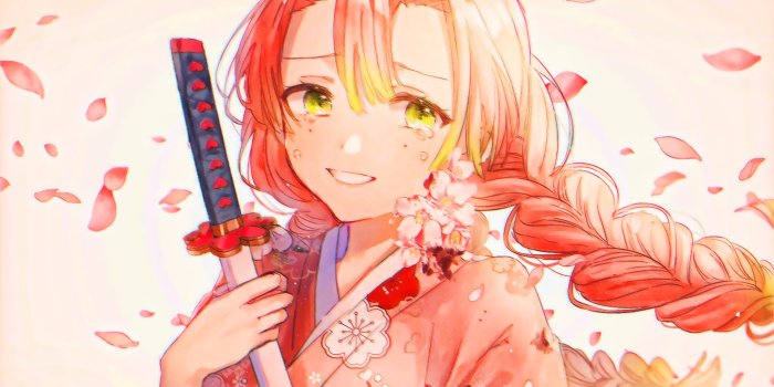 1920x1200 Download wallpapers Kanroji Mitsuri, sword, Kimetsu No Yaiba, pink petals,  Demon Hunter, artwork, manga, Mitsuri Kanroji for desktop with resolution  412x732. High Quality HD pictures wallpapers