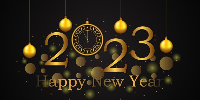 1920x1152 Happy New Year 2023. New Year Shining background with gold clock and  glitter. Festive banner, greeting card. Vector illustration 8418502 Vector  Art at Vecteezy