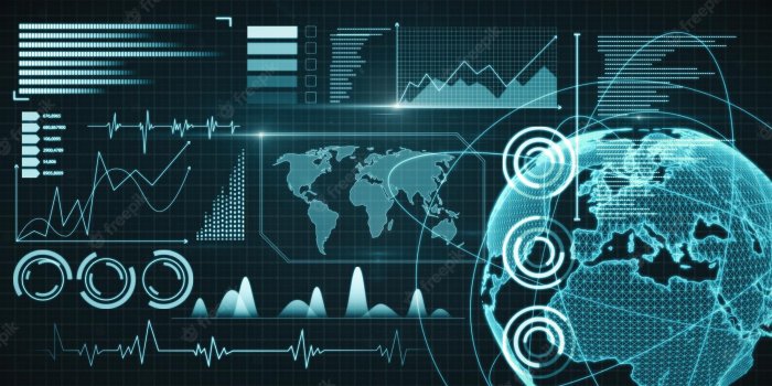 2000x1000 Premium Photo | Abstract glowing digital business interface on blurry blue wallpaper  finance innovation trade and growth concept 3d rendering