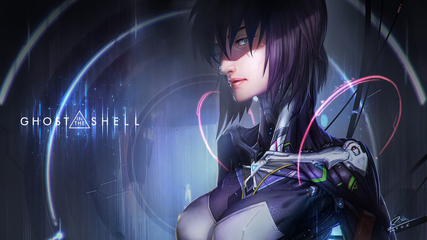 1500x844 Wallpaper ID: 151739 / Ghost in the Shell, anime, fan art, cyberpunk,  women, digital art, Kusanagi Motoko, cyborg, purple hair free download