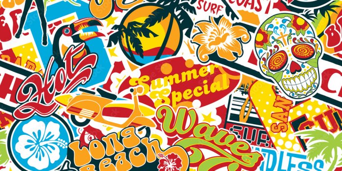 1000x1000 vintage summer surfing beach stickers patchwork vector seamless pattern  wallpaper Stock Vector | Adobe Stock