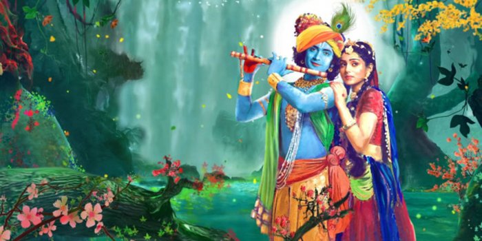 1781x1000 Download Radha And Krishna Desktop Waterfall Art Wallpaper | Wallpapers.com