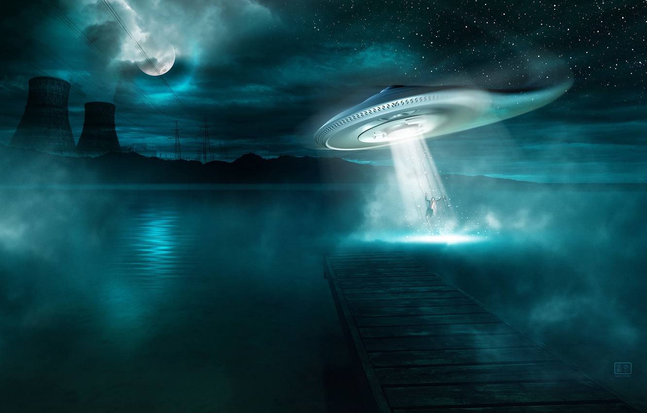 1332x850 Wallpaper water, stars, night, pipe, fog, lake, fiction, tree, the moon,  plant, UFO, mountain, the situation, ufo, pierce, kidnapping images for  desktop, section фантастика - download