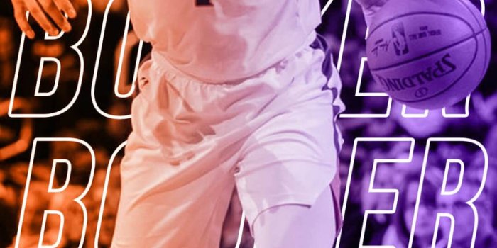 864x1920 Download Devin Booker Orange And Purple Poster Wallpaper | Wallpapers.com