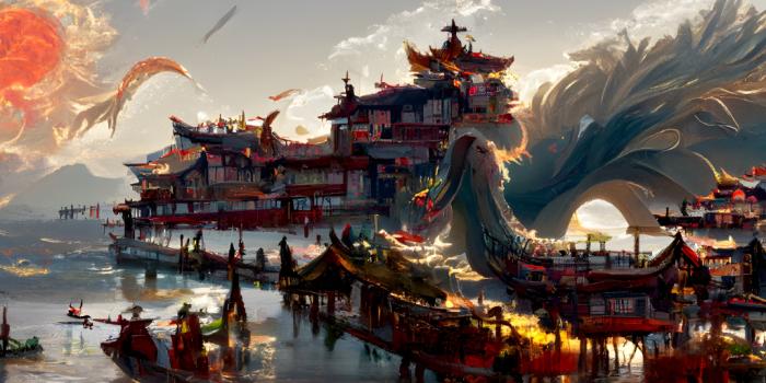 1024x768 Wallpaper china's ancient town, dragon, fantasy, art desktop wallpaper, hd  image, picture, background, cbb16c | wallpapersmug