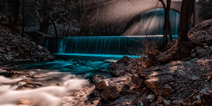 6016x3384 Waterfall Wallpaper 4K, Forest, Autumn, Fall, Sun rays, #2662
