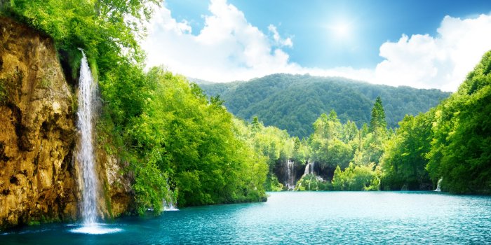 2560x1440 Wallpaper Lake, 4k, HD wallpaper, sea, water, waterfall, rocks, mountain,  sun, clouds, sky, forest, nature, Nature #1143