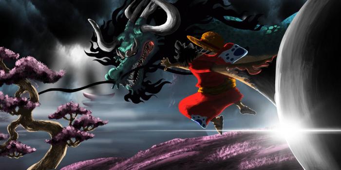 1920x693 Download Luffy Fighting Kaido One Piece Wano 4K Wallpaper | Wallpapers.com