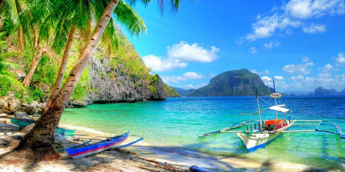 3840x2400 Philippines Puerto Princesa Beautiful Tropical Beach Nature Landscape Photo  Sandy Beach Sea Boat Palm Tree Hd Desktop Wallpaper : Wallpapers13.com