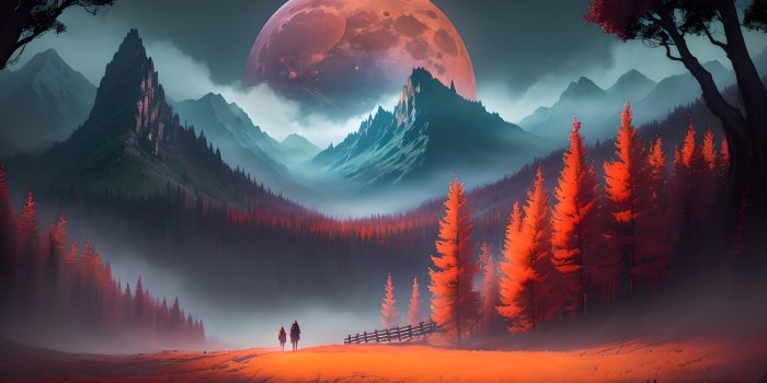 7680x4320 Trees, hills and red moon anime landscape 8K wallpaper download