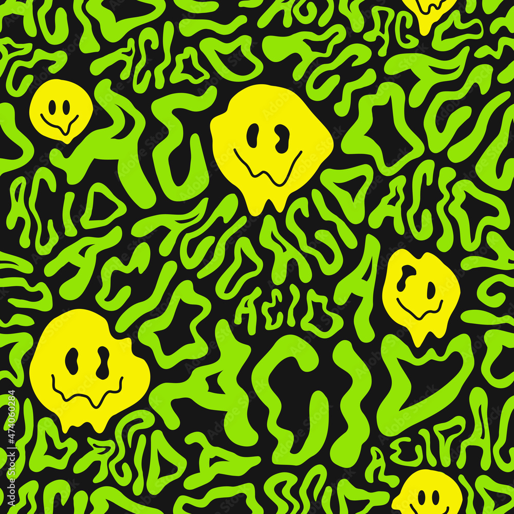 1000x1000 Deformed wavy acid word and melt smile face seamless pattern wallpaper.Vector  graphic character illustration.Smile faces melt,lsd,surreal,acid,trippy  lettering seamless pattern wallpaper print concept Stock Vector | Adobe  Stock