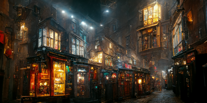 1792x1024 prompthunt: diagon alley with open shops and restaurants and lights in the  windows in night, harry potter, trending on artstation, mist, cinematic,  nightclub lighting, exterior design, unreal engine, 8K