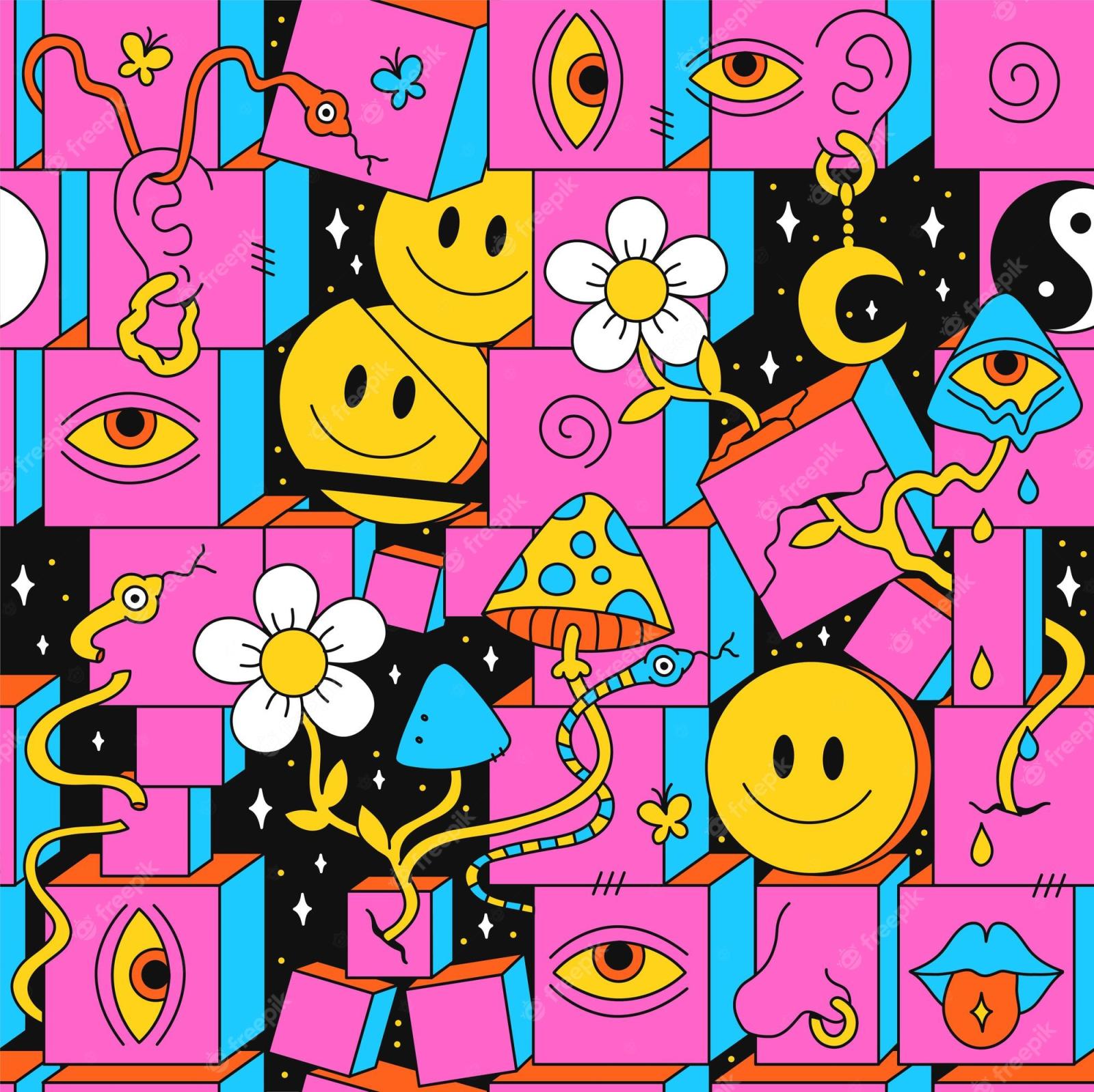 2000x1997 Premium Vector | Crazy trippy 60s style psychedelic geometry seamless  pattern.vector crazy illustration.smile groovy faces,magic  mushrooms,eyes,snakes,techno,acid,trippy style seamless pattern wallpaper  print concept